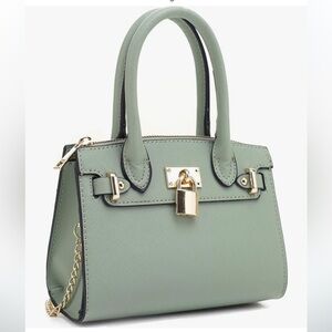 Pistachio green vegan leather top handle bag w/ gold hardware lock,  attachab…